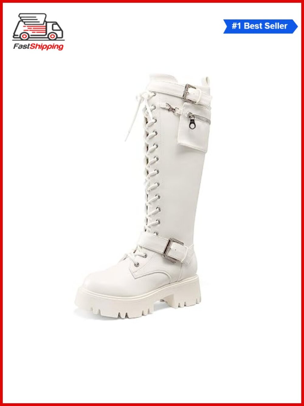 ✨ Knee High Combat Boots Platform Heels Lace Up Faux Leather